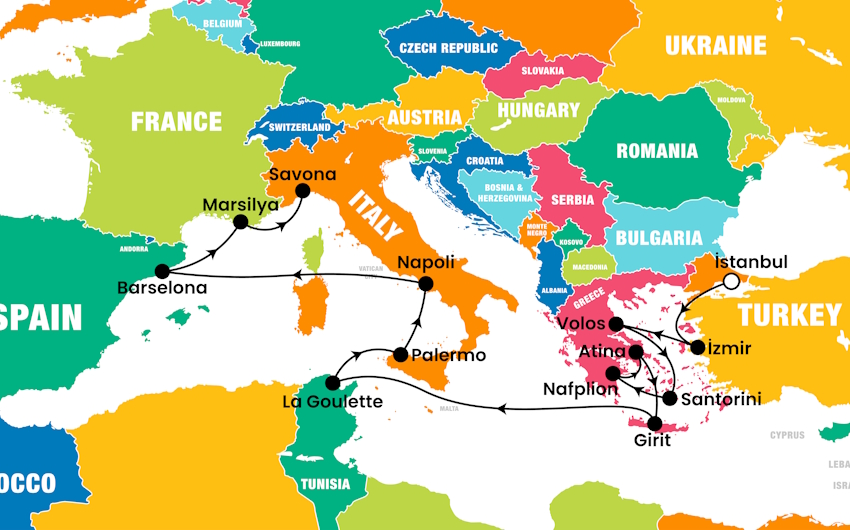 Costa Pacifica ile İstanbul ve İzmir Hareketli Büyük Akdeniz - 14 Gece - Pegasus rota haritası